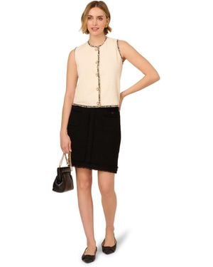 Adrianna Papell Sleeveless Button Front Knit Tweed Cardigan Vest With Fringe - Black
