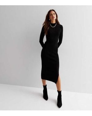 Gini London Rib Knit High Neck Bodycon Midi Dress - Black
