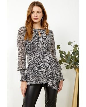 Sosandar Snow Leopard Print Tie Front Top - Grey