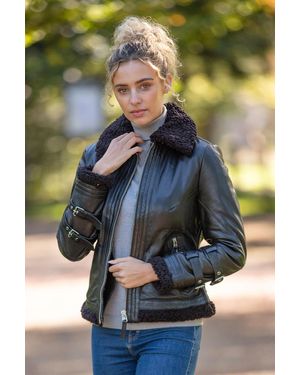 Ashwood Leather '2419' Ladies Aviator Jacket With Faux Fur Lining - Black