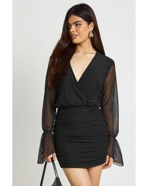Boohoo Mesh Flare Sleeve Wrap Bluson Mini Dress - Black