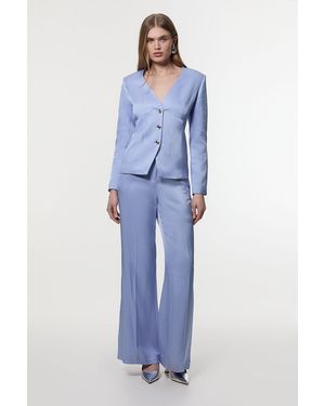 Karen Millen Premium Viscose Linen Tailored Wide Leg Trouser - Blue