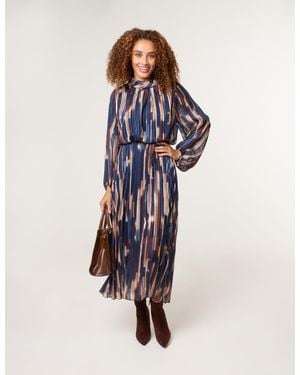 Blue Vanilla High Neck Printed Dress With Elasticated Waist - Blue