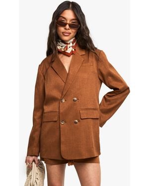 Boohoo Tailored Linen Look Double Breasted Blazer - Brown