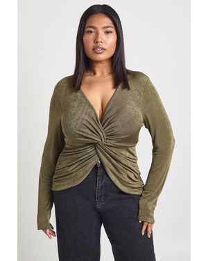Boohoo Plus Knot Detail Long Sleeve Top - Green