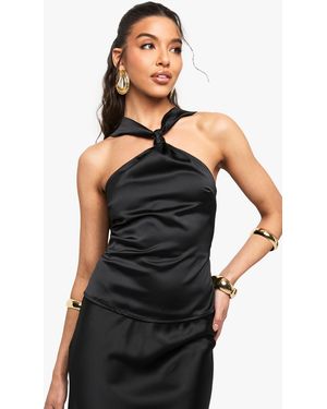 Boohoo Satin Knot Strap Detail Top - Black