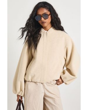 Boohoo Balloon Sleeve Wool Look Bomber Jacket - Natural