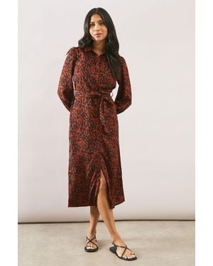 Wallis Leopard Long Sleeve Belted Shirt Dress - Brown