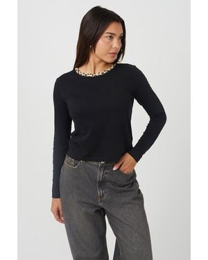 Brave Soul Long Sleeve Contrast Print Neck Detail Top - Black