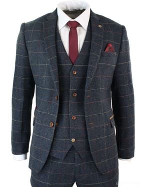 Infinity Leather 3 Piece Herringbone Check Vintage Suit - Blue