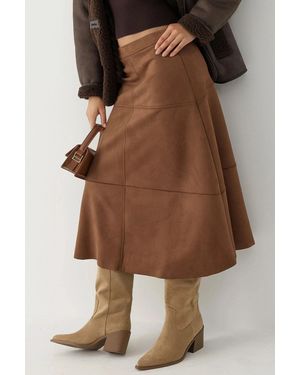 Hiccup High Waist Suede Long Skirt With Zipper Closure - Brown