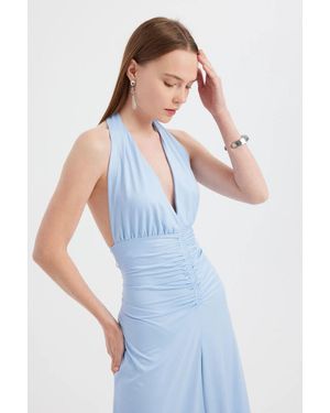 Hiccup Backless Halter Neck Midi Dress - Blue