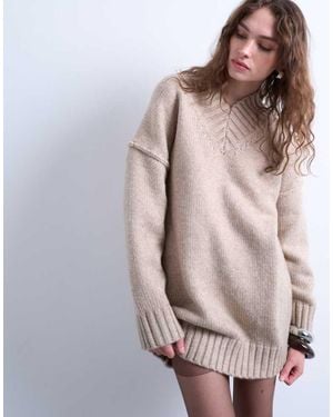 TOPSHOP Knitted High V-Neck Mini Oversized Dress - Natural