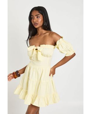 Boohoo Ruched Bust Puff Sleeve Mini Dress - Natural