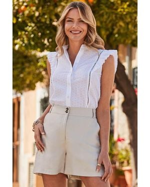 Sosandar Cotton Dobby Spot Ruffle Sleeve Shirt - White