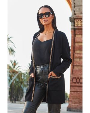 Sosandar Longline Cardigan With Luxe Chain Trim - Black