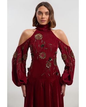 Karen Millen Velvet Cold Shoulder 3D Floral Applique Woven Maxi Dress - Red