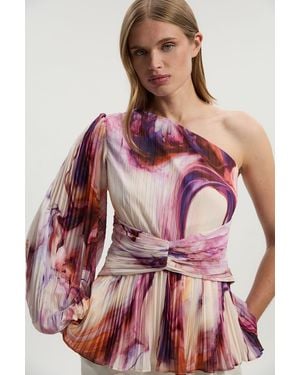 Karen Millen Marble Soft Pleated One Shoulder Blouse - Pink