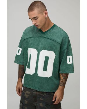 BoohooMAN Oversized Boxy Seam Detail Washed 00 Print V-Neck Baseball Sports Top - Green
