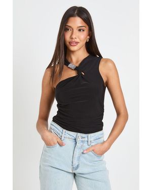 Boohoo Ruched Waist Slinky Top With Twist Neck Tim - Black