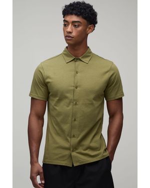 BoohooMAN Slim Fit Jersey Short Sleeve Revere Shirt - Green