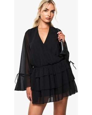 Boohoo Chiffon Long Sleeve Mini Dress - Black