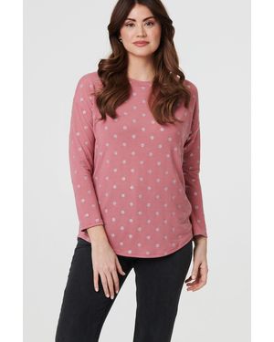 Izabel London Polka Dot Print Relaxed Long Sleeve Top - Pink