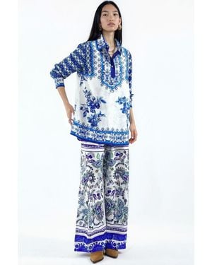 Msn-Collection Floral Shirt And Wide-Leg Trousers Set - Blue