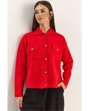 Bianco Lucci Polo Collar Cardigan - Red