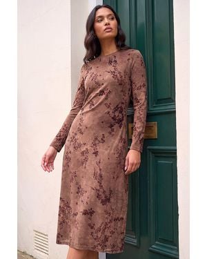 Roman Floral Flocking Dress - Brown