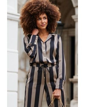 Sosandar Stripe Satin Shirt - Brown