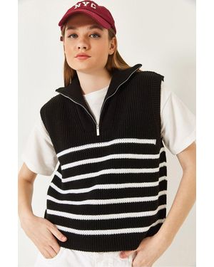 Bianco Lucci Striped Knitwear Jumper Vest With Zipper Collar - Black