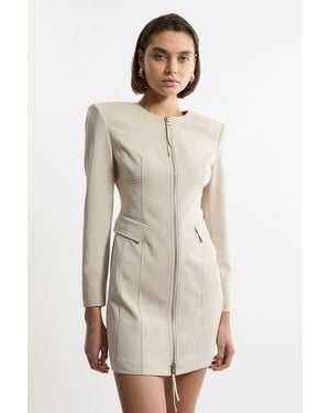 Karen Millen Tailored Viscose Zip Through Multi Stitch Mini Dress - Natural