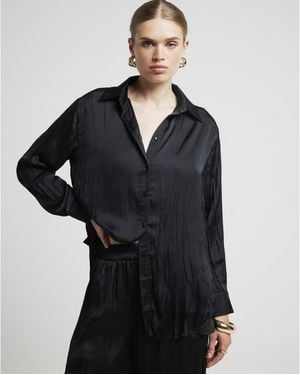 River Island Shirt Crinkle Satin Collared Long Sleeve - Black