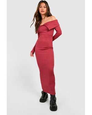 Boohoo Bardot Heavy Rib Long Sleeve Maxi Dress - Red