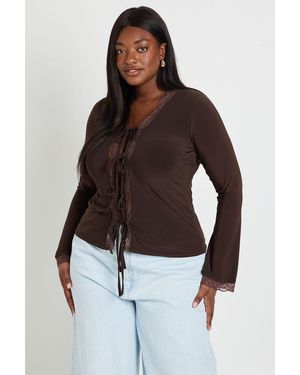 Boohoo Plus Lace Trim Tie Front Long Sleeve Top - Brown