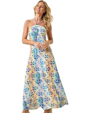 Roman Petite Abstract Gathered Halter Maxi Dress - Blue