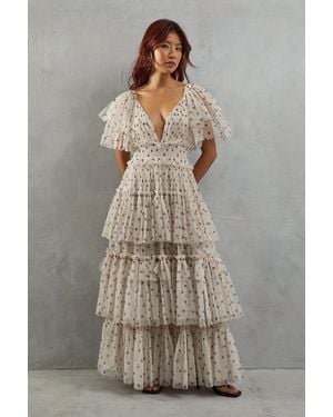 Warehouse Tulle Spot Plunge Neck Flutter Sleeve Tier Maxi Dress - Grey