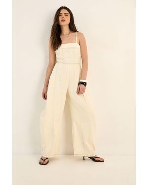 Nasty Gal Strappy Seam Detail Wide Leg Denim Jumpsuit - Natural