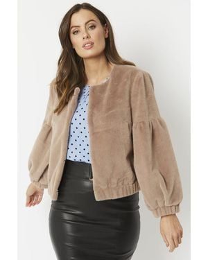 Jayley Cashmer Efect Cropped Faux Fur Jacket With Puff Sleeves - Natural