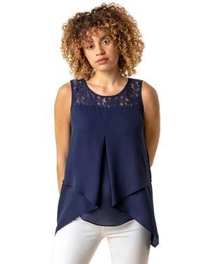 Roman Lace Yoke Asymmetric Vest Top - Blue