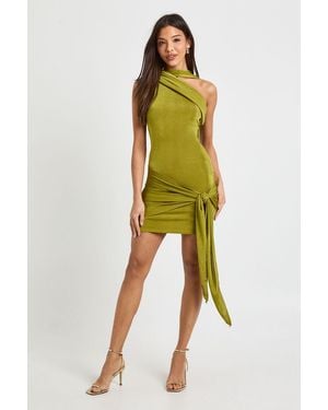 Boohoo Asymmetric Wrap Waist Slinky Mini Dress - Yellow