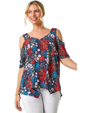 Roman Petite Floral Cold Shoulder Top - Blue
