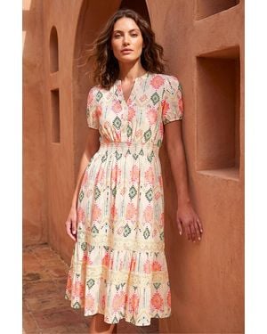 Roman Petite Abstract Print Frill Midi Dress - Brown