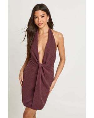 Boohoo Textured Halterneck Twist Front Mini Dress - Purple