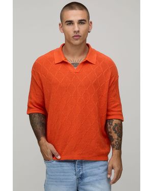 BoohooMAN Oversized Boxy Diamond Stitch Knitted Polo - Orange