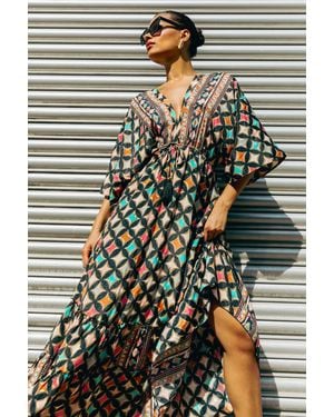 Roman Geo Print V-Neck Frill Maxi Dress - Black