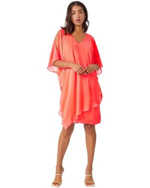 Roman Embellished Cold Shoulder Overlay Dress - Red