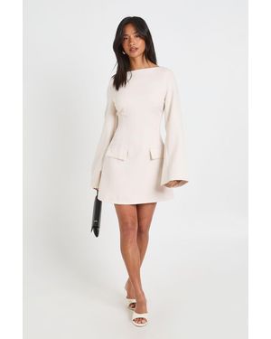 Boohoo Petite Long Sleeve Slash Neck Tailored Mini Dress - Natural