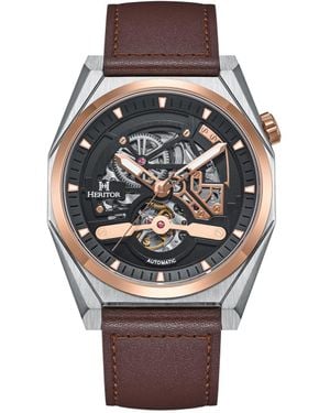 Heritor Amadeus Semi-Skeleton Leather-Band Watch - Pink